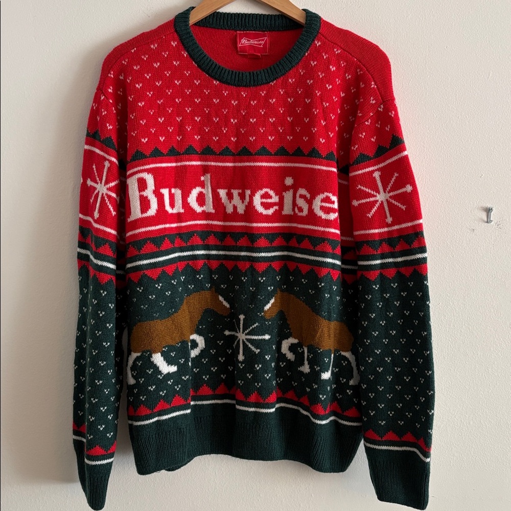 Budweiser Holiday Logo Red Fair Isle Crewneck Sweater Men’s Size 2XL